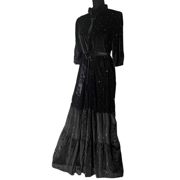 No Brand Dresses & Skirts - Black Velvet Sparkle Rhinestone Puff Sleeve Tiered Maxi